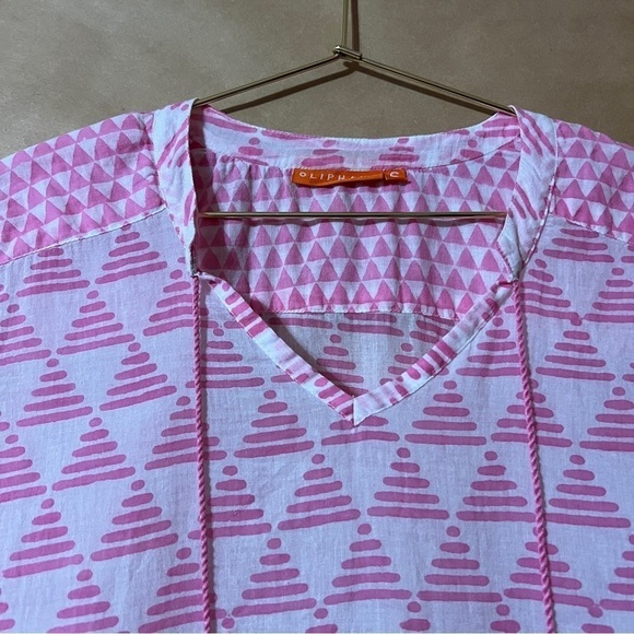 Tuckernuck | Oliphant Tassel Tie Neck Popover Top Split V-Neck Pink White Size S - Picture 4 of 11